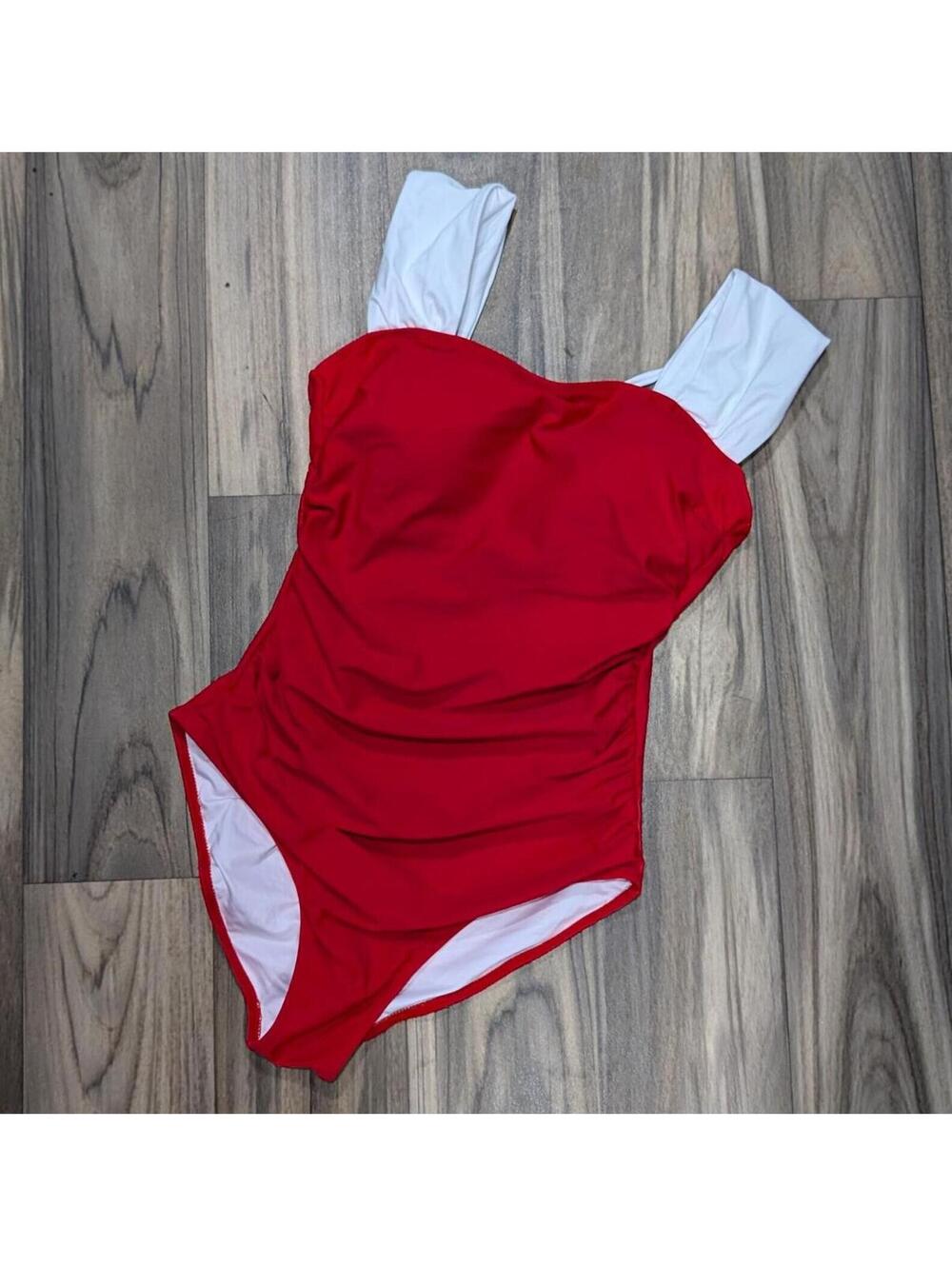 Red and White One-Piece Swimsuit with Wide Ruched Straps - Size Medium
